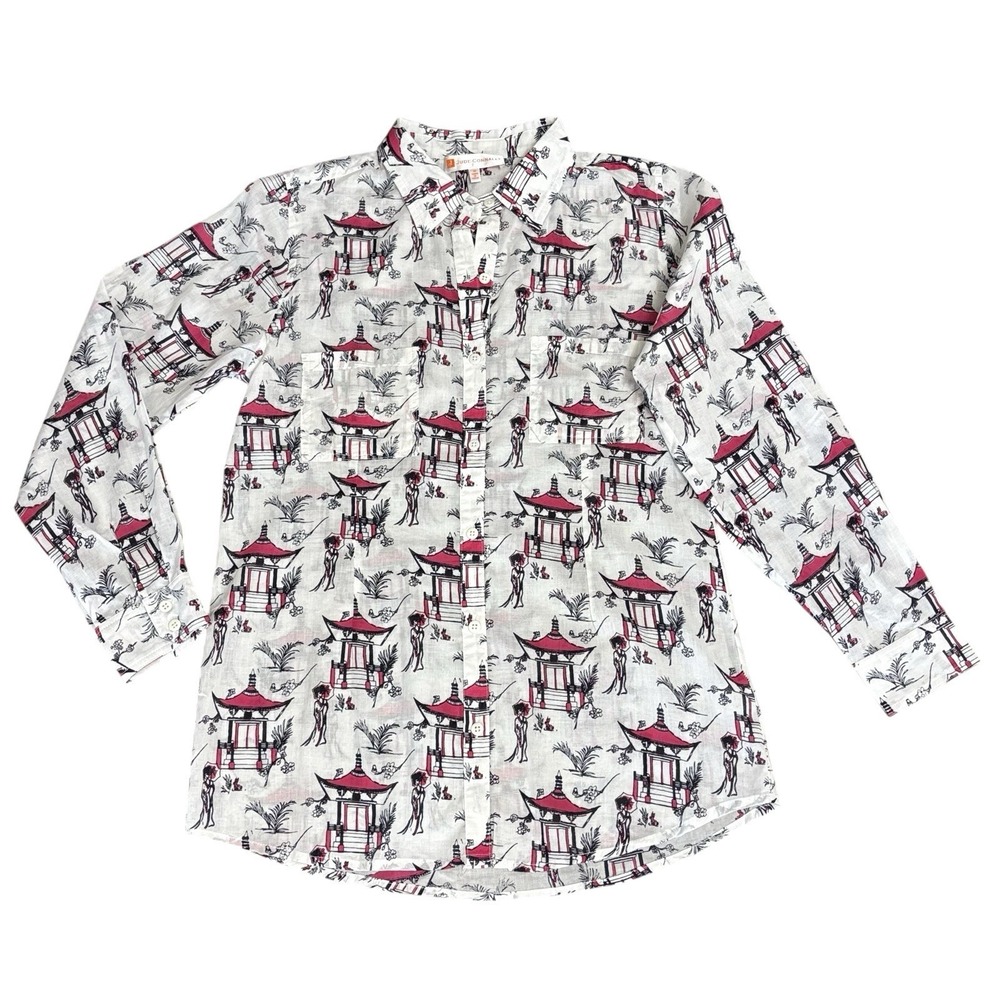 NWOT Jude Connally Callie Pagoda Toile White Pink Long‎ Sleeve Button Down Sz M